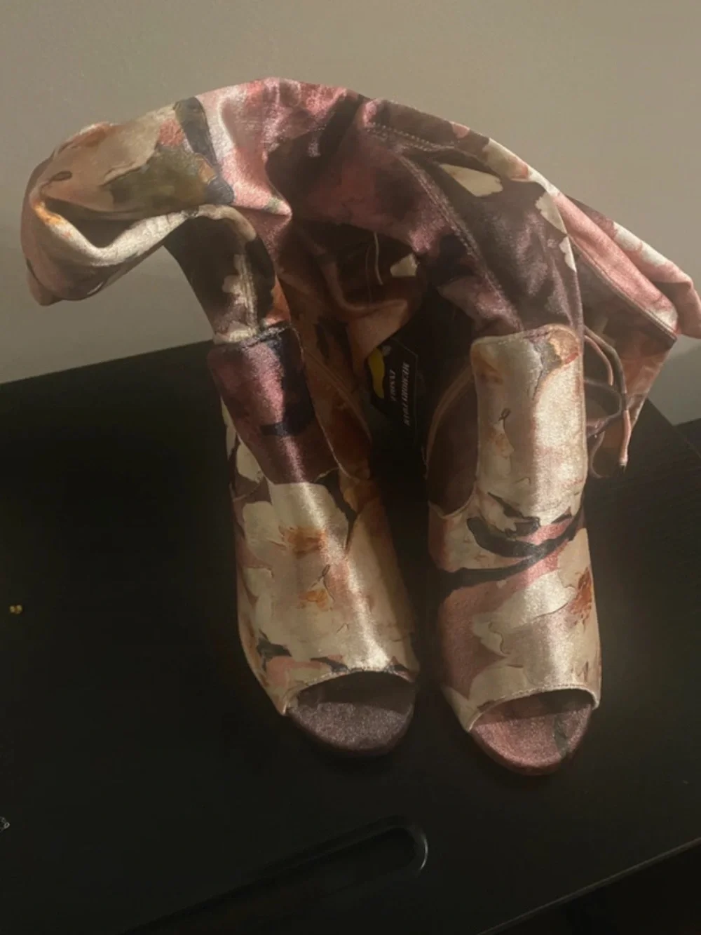 Floral & Butterfly Pink/Mauve Satin Over-The-Knee Peep Toe Boots